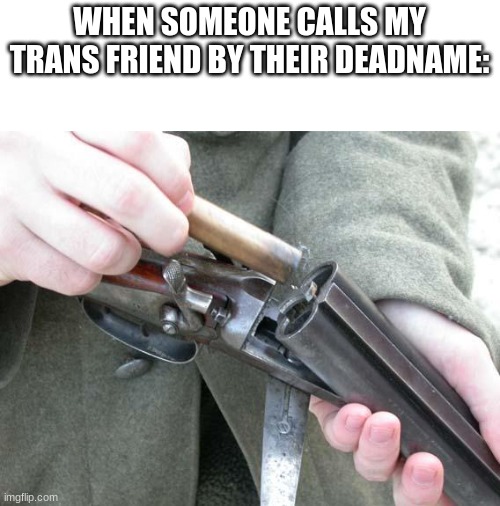 It just pisses me off when someone does it | WHEN SOMEONE CALLS MY TRANS FRIEND BY THEIR DEADNAME: | image tagged in shotgun loading | made w/ Imgflip meme maker
