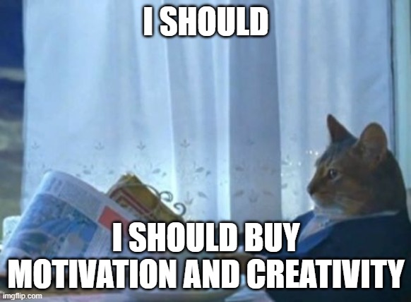 bro how does people get those *motivation*? | I SHOULD; I SHOULD BUY MOTIVATION AND CREATIVITY | image tagged in memes,i should buy a boat cat | made w/ Imgflip meme maker