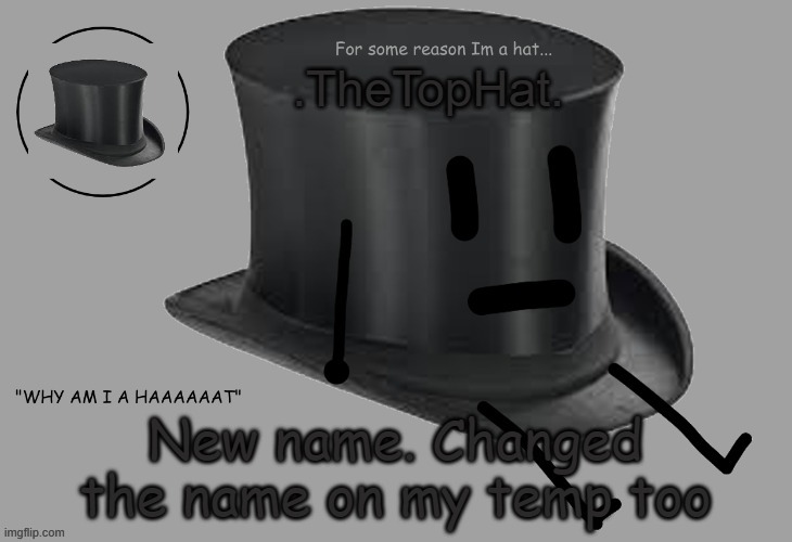Top Hat announcement temp | New name. Changed the name on my temp too | image tagged in top hat announcement temp | made w/ Imgflip meme maker