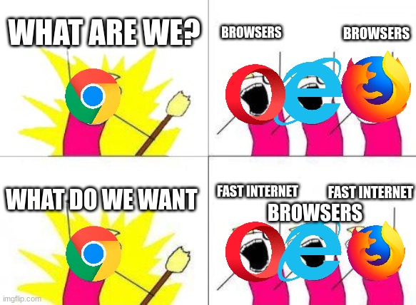 Slow Internet |  WHAT ARE WE? BROWSERS; BROWSERS; FAST INTERNET; WHAT DO WE WANT; FAST INTERNET; BROWSERS | image tagged in memes,what do we want,internet explorer so slow | made w/ Imgflip meme maker