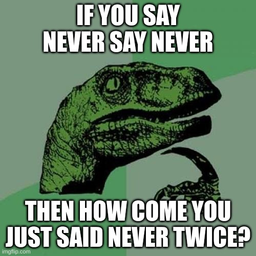 Philosoraptor | IF YOU SAY NEVER SAY NEVER; THEN HOW COME YOU JUST SAID NEVER TWICE? | image tagged in memes,philosoraptor,dinosaurs,dinosaur | made w/ Imgflip meme maker