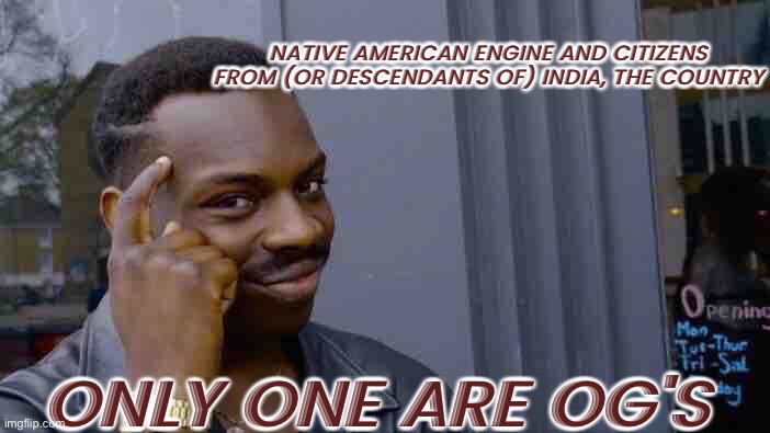 boom roastes | NATIVE AMERICAN ENGINE AND CITIZENS FROM (OR DESCENDANTS OF) INDIA, THE COUNTRY; ONLY ONE ARE OG'S | image tagged in memes,roll safe think about it | made w/ Imgflip meme maker