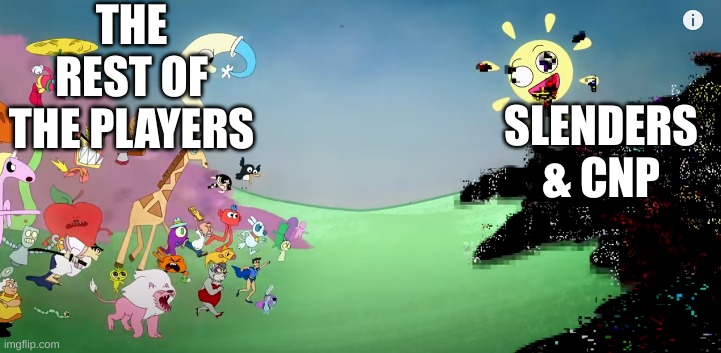 Roblox is a constant battle between the slenders & the normal players. | THE REST OF THE PLAYERS; SLENDERS & CNP | image tagged in pibby fighting the glitch,roblox | made w/ Imgflip meme maker