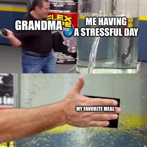 True, true. |  ME HAVING A STRESSFUL DAY; GRANDMA; MY FAVORITE MEAL | image tagged in phil swift slapping on flex tape,grandma,favorites,meal | made w/ Imgflip meme maker