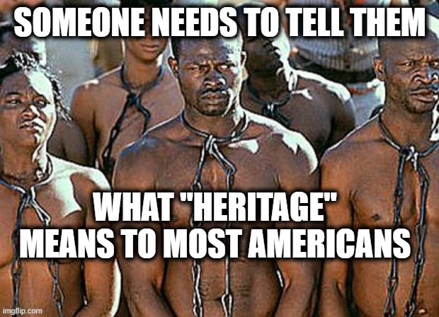 slavery | SOMEONE NEEDS TO TELL THEM WHAT "HERITAGE" MEANS TO MOST AMERICANS | image tagged in slavery | made w/ Imgflip meme maker