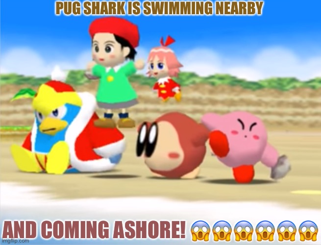 Waddle Dee Eyes! | PUG SHARK IS SWIMMING NEARBY; AND COMING ASHORE! 😱😱😱😱😱😱 | image tagged in waddle dee eyes | made w/ Imgflip meme maker