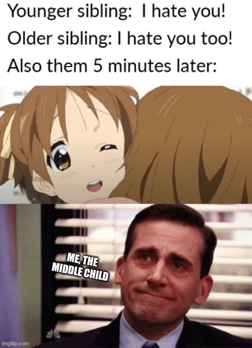 What is this anime, guys? Wanna tag this. | ME, THE MIDDLE CHILD | image tagged in happy cry,the office,anime | made w/ Imgflip meme maker