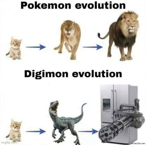 digimon evolution belike | image tagged in digimon vs pokemon | made w/ Imgflip meme maker