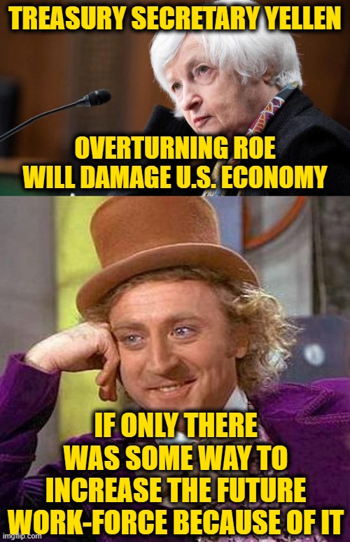 Someone is Missing one Crucial Detail | TREASURY SECRETARY YELLEN; OVERTURNING ROE WILL DAMAGE U.S. ECONOMY; IF ONLY THERE WAS SOME WAY TO INCREASE THE FUTURE WORK-FORCE BECAUSE OF IT | image tagged in memes,creepy condescending wonka | made w/ Imgflip meme maker