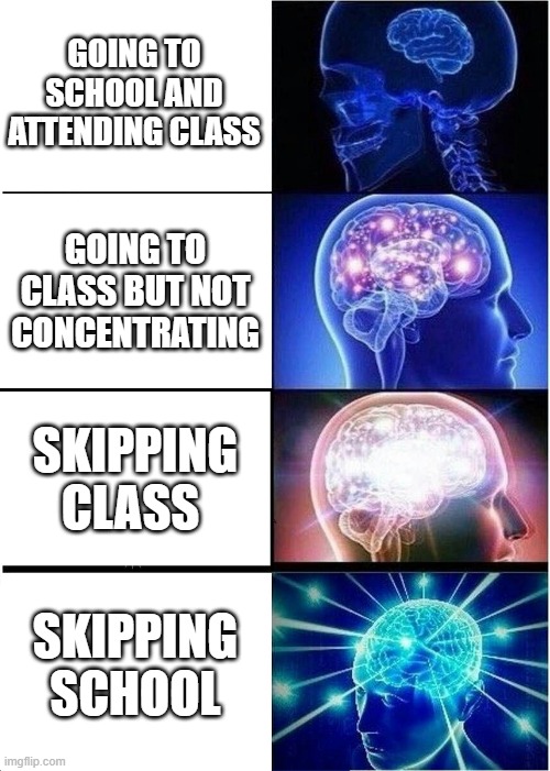 School students be like | GOING TO SCHOOL AND ATTENDING CLASS; GOING TO CLASS BUT NOT CONCENTRATING; SKIPPING CLASS; SKIPPING SCHOOL | image tagged in memes,expanding brain | made w/ Imgflip meme maker