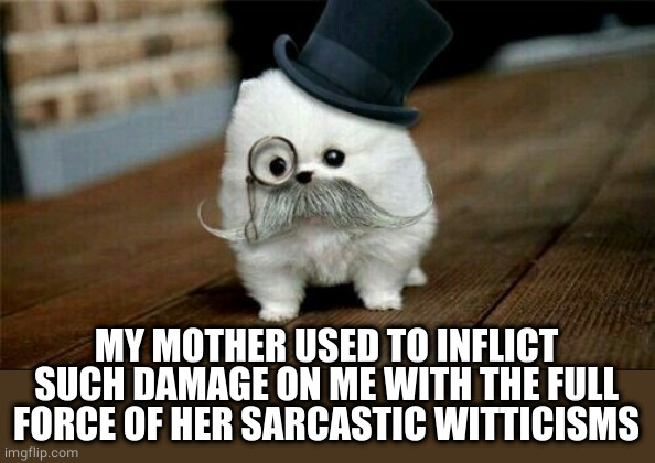 Sophisticated Dog | MY MOTHER USED TO INFLICT SUCH DAMAGE ON ME WITH THE FULL FORCE OF HER SARCASTIC WITTICISMS | image tagged in sophisticated dog | made w/ Imgflip meme maker