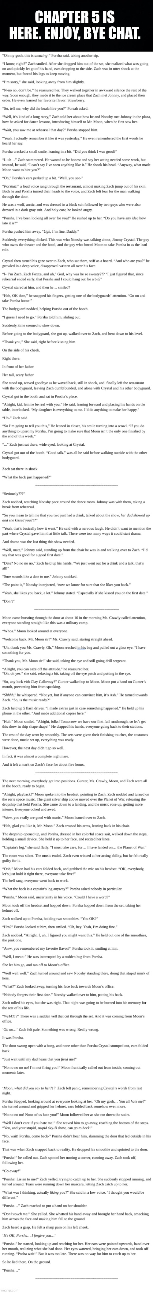 im cringe | CHAPTER 5 IS HERE. ENJOY, BYE CHAT. | image tagged in black background | made w/ Imgflip meme maker