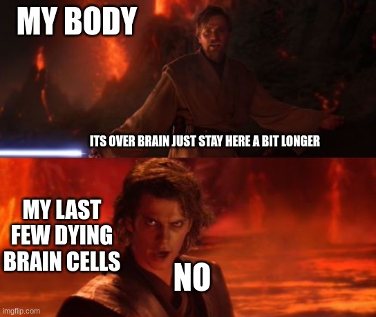 i haven't posted in a while so meh | MY BODY; ITS OVER BRAIN JUST STAY HERE A BIT LONGER; MY LAST FEW DYING BRAIN CELLS; NO | image tagged in it's over anakin i have the high ground | made w/ Imgflip meme maker