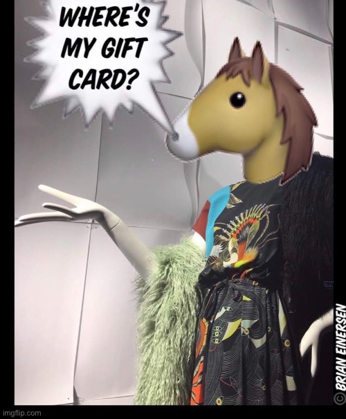 Gift Card Horse | image tagged in fashion,dries van noten,window design,bergdorf goodman,gift horse,brian einersen | made w/ Imgflip meme maker