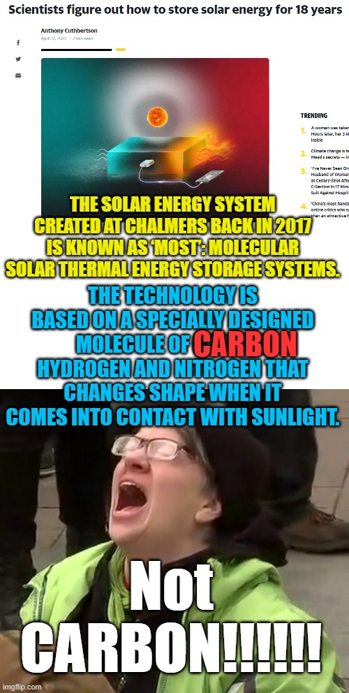 Carbon, Hydrogen and Nitrogen, imagine that..wait CHN that's ... Hydrogen isocyanide!!! It's also a form of hydrocarbon..... | THE SOLAR ENERGY SYSTEM CREATED AT CHALMERS BACK IN 2017 IS KNOWN AS ‘MOST’: MOLECULAR SOLAR THERMAL ENERGY STORAGE SYSTEMS. THE TECHNOLOGY IS BASED ON A SPECIALLY DESIGNED MOLECULE OF CARBON, HYDROGEN AND NITROGEN THAT CHANGES SHAPE WHEN IT COMES INTO CONTACT WITH SUNLIGHT. CARBON; Not CARBON!!!!!! | image tagged in crying liberal | made w/ Imgflip meme maker