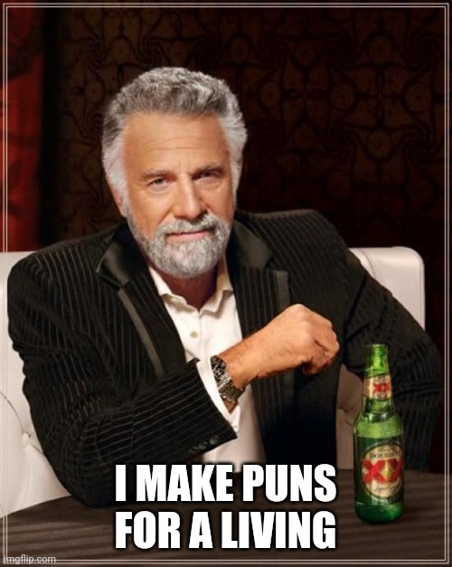 The Most Interesting Man In The World | I MAKE PUNS FOR A LIVING | image tagged in memes,the most interesting man in the world,puns | made w/ Imgflip meme maker