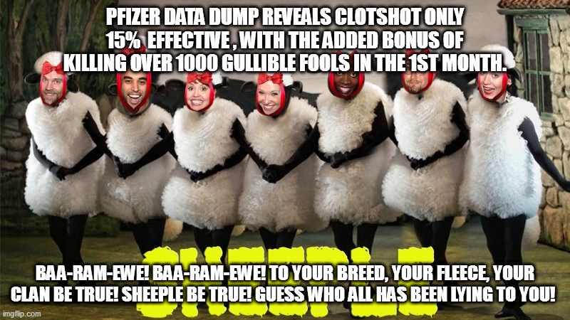 Oh, what a tangled web we weave, When first we practice to deceive! Another old adage never taught in the leftist prep schools. | PFIZER DATA DUMP REVEALS CLOTSHOT ONLY 15%  EFFECTIVE , WITH THE ADDED BONUS OF KILLING OVER 1000 GULLIBLE FOOLS IN THE 1ST MONTH. BAA-RAM-EWE! BAA-RAM-EWE! TO YOUR BREED, YOUR FLEECE, YOUR CLAN BE TRUE! SHEEPLE BE TRUE! GUESS WHO ALL HAS BEEN LYING TO YOU! | image tagged in sheeple,leftists,msm | made w/ Imgflip meme maker