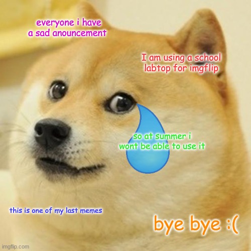 :( :( :( :( :( :( :( :( :( |  everyone i have a sad anouncement; I am using a school labtop for imgflip; so at summer i wont be able to use it; this is one of my last memes; bye bye :( | image tagged in memes,doge | made w/ Imgflip meme maker