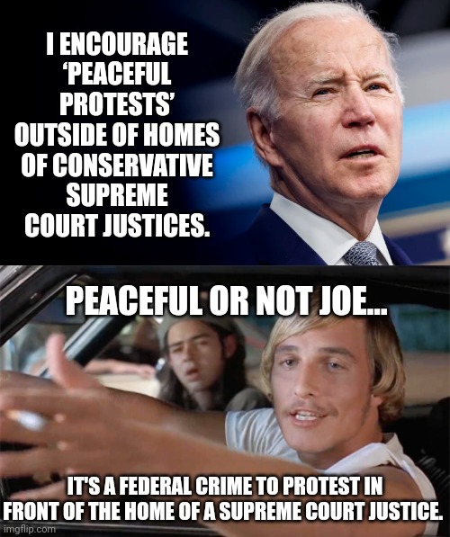 I guess federal laws don't matter. | I ENCOURAGE ‘PEACEFUL PROTESTS’ OUTSIDE OF HOMES OF CONSERVATIVE SUPREME COURT JUSTICES. PEACEFUL OR NOT JOE... IT'S A FEDERAL CRIME TO PROTEST IN FRONT OF THE HOME OF A SUPREME COURT JUSTICE. | image tagged in dazed and confused | made w/ Imgflip meme maker