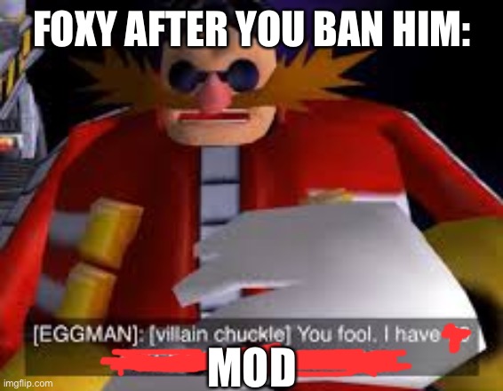 Eggman Alternative Accounts | FOXY AFTER YOU BAN HIM:; MOD | image tagged in eggman alternative accounts | made w/ Imgflip meme maker