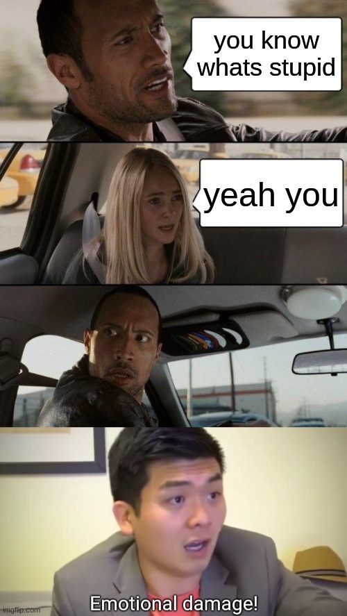 you know whats stupid; yeah you | image tagged in memes,the rock driving,emotional damage | made w/ Imgflip meme maker