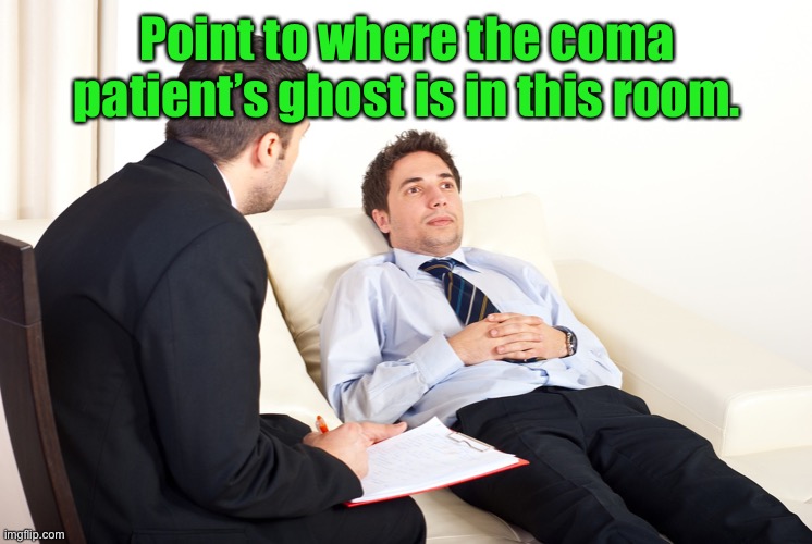 Shrink | Point to where the coma patient’s ghost is in this room. | image tagged in shrink | made w/ Imgflip meme maker