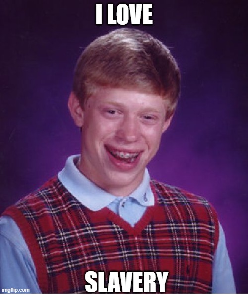 Bad Luck Brian Meme | I LOVE; SLAVERY | image tagged in memes,bad luck brian | made w/ Imgflip meme maker