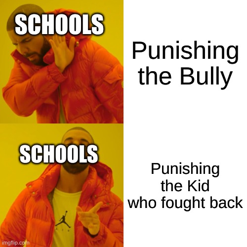 Its true tho | Punishing the Bully; SCHOOLS; Punishing the Kid who fought back; SCHOOLS | image tagged in memes,drake hotline bling | made w/ Imgflip meme maker