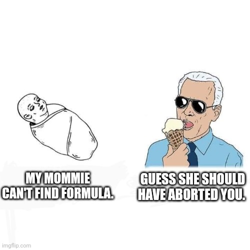 Biden baby formula | GUESS SHE SHOULD HAVE ABORTED YOU. MY MOMMIE CAN'T FIND FORMULA. | image tagged in biden baby aborted | made w/ Imgflip meme maker