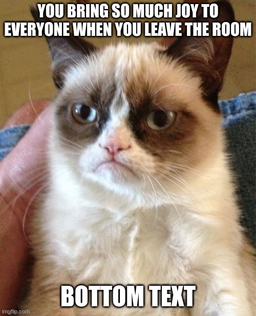 I didnt mean to offend you im just offending the other viewer >3 | YOU BRING SO MUCH JOY TO EVERYONE WHEN YOU LEAVE THE ROOM; BOTTOM TEXT | image tagged in memes,grumpy cat | made w/ Imgflip meme maker