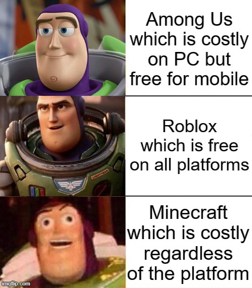 Those games are good but at what cost? | Among Us which is costly on PC but free for mobile; Roblox which is free on all platforms; Minecraft which is costly regardless of the platform | image tagged in better best blurst lightyear edition,mobile,pc,among us,roblox,minecraft | made w/ Imgflip meme maker