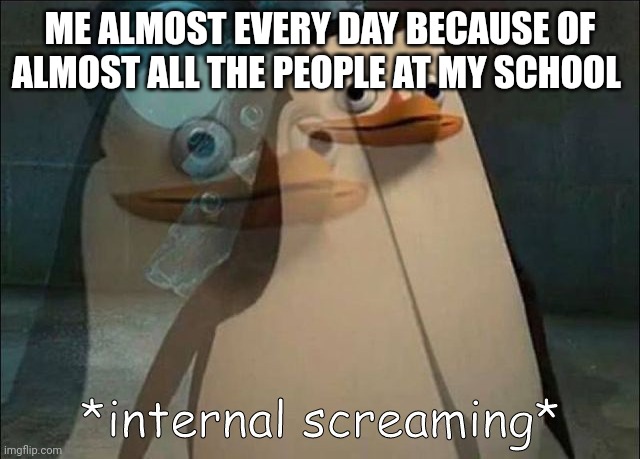 Private Internal Screaming | ME ALMOST EVERY DAY BECAUSE OF ALMOST ALL THE PEOPLE AT MY SCHOOL | image tagged in private internal screaming | made w/ Imgflip meme maker