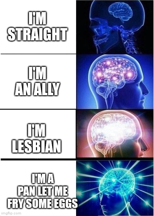 Coming out rn! | I'M STRAIGHT; I'M AN ALLY; I'M LESBIAN; I'M A PAN LET ME FRY SOME EGGS | image tagged in expanding brain,funny,lgbtq,oh wow are you actually reading these tags | made w/ Imgflip meme maker
