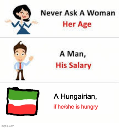 hungary | A Hungairian, if he/she is hungry | image tagged in never ask a woman her age,hungary | made w/ Imgflip meme maker