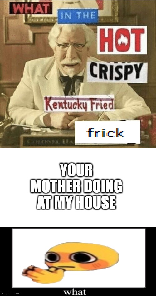 what in the hot crispy kentucky fried frick | YOUR MOTHER DOING AT MY HOUSE | image tagged in what in the hot crispy kentucky fried frick,what | made w/ Imgflip meme maker