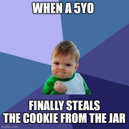 Cookiecookiecookiecookiecookiecookiecookie | WHEN A 5YO; FINALLY STEALS THE COOKIE FROM THE JAR | image tagged in memes,success kid | made w/ Imgflip meme maker