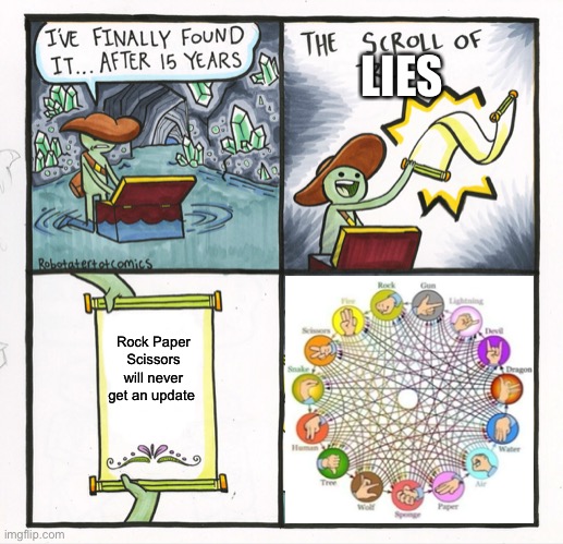 The Scroll Of Truth Meme | LIES; Rock Paper Scissors will never get an update | image tagged in memes,the scroll of truth | made w/ Imgflip meme maker