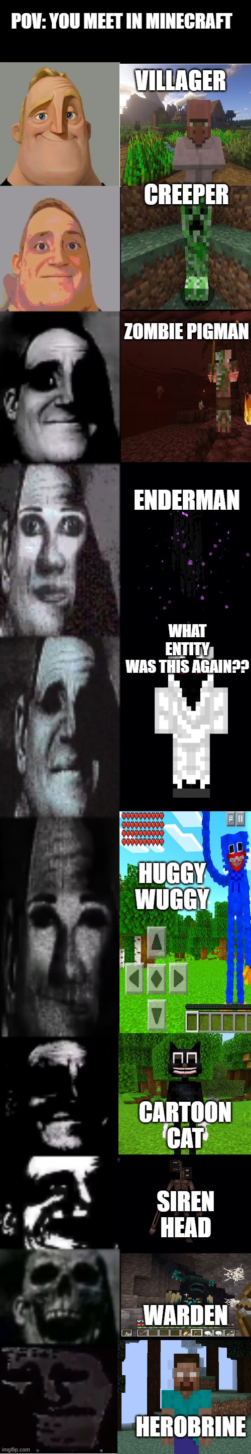 POV: you meet in minecraft | POV: YOU MEET IN MINECRAFT; VILLAGER; CREEPER; ZOMBIE PIGMAN; ENDERMAN; WHAT ENTITY WAS THIS AGAIN?? HUGGY WUGGY; CARTOON CAT; SIREN HEAD; WARDEN; HEROBRINE | image tagged in mr incredible becoming uncanny | made w/ Imgflip meme maker
