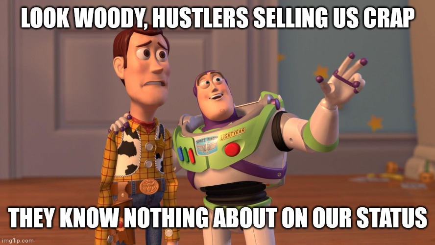 Wood | LOOK WOODY, HUSTLERS SELLING US CRAP; THEY KNOW NOTHING ABOUT ON OUR STATUS | image tagged in woody and buzz lightyear everywhere widescreen | made w/ Imgflip meme maker