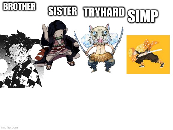 Demon slayer in a nutshell | SISTER; SIMP; BROTHER; TRYHARD | image tagged in blank white template | made w/ Imgflip meme maker