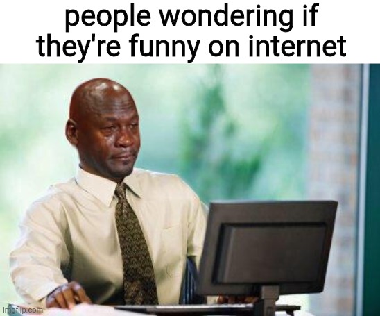 Crying Michael Jordan @ Computer | people wondering if they're funny on internet | image tagged in crying michael jordan computer | made w/ Imgflip meme maker