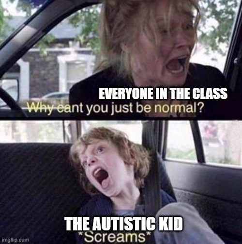It hurts | EVERYONE IN THE CLASS; THE AUTISTIC KID | image tagged in why can't you just be normal,memes,funny,autism,screaming | made w/ Imgflip meme maker