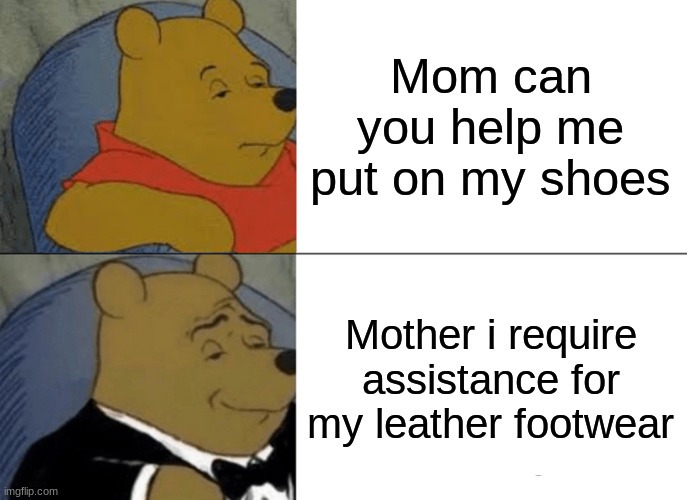 Tuxedo Winnie The Pooh Meme | Mom can you help me put on my shoes; Mother i require assistance for my leather footwear | image tagged in memes,tuxedo winnie the pooh | made w/ Imgflip meme maker