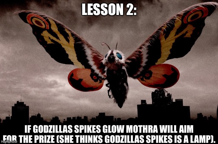 Mothra | LESSON 2: IF GODZILLAS SPIKES GLOW MOTHRA WILL AIM FOR THE PRIZE (SHE THINKS GODZILLAS SPIKES IS A LAMP). | image tagged in mothra | made w/ Imgflip meme maker
