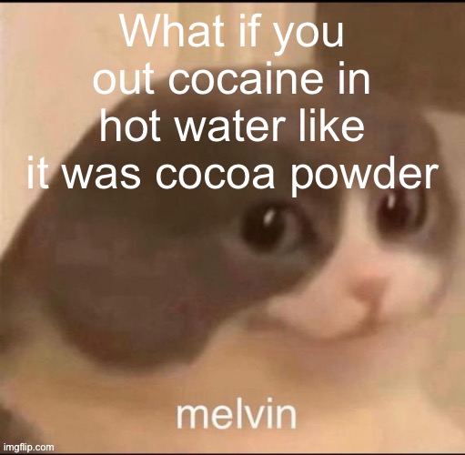 Hot coac-aine (that’s not how you spell cocaine i know) | What if you out cocaine in hot water like it was cocoa powder | image tagged in melvin | made w/ Imgflip meme maker