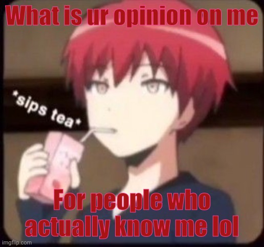 Sips tea | What is ur opinion on me; For people who actually know me lol | image tagged in sips tea | made w/ Imgflip meme maker