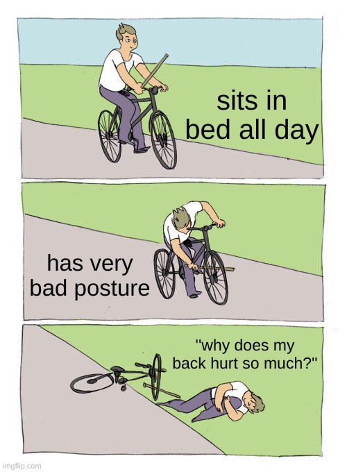 title | sits in bed all day; has very bad posture; ''why does my back hurt so much?'' | image tagged in memes,bike fall | made w/ Imgflip meme maker