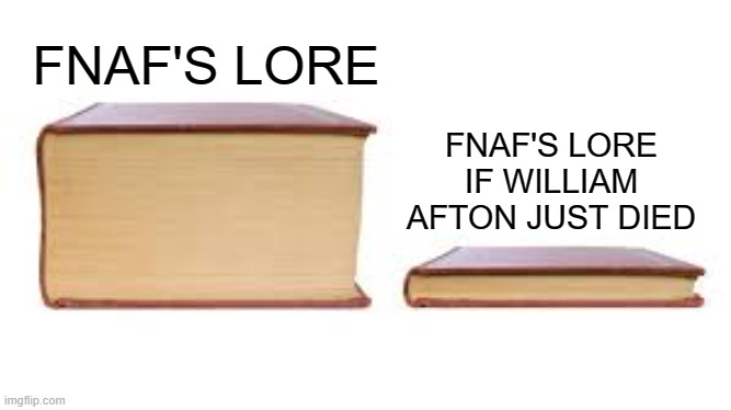 Fnaf lore | FNAF'S LORE; FNAF'S LORE IF WILLIAM AFTON JUST DIED | image tagged in big book small book | made w/ Imgflip meme maker