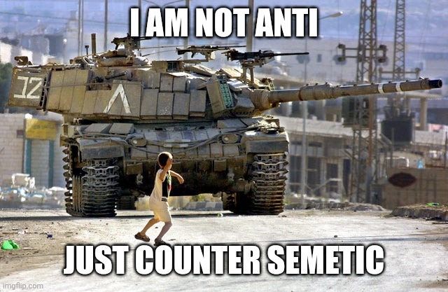 Palestinian child throwing a rock at an Israeli tank | I AM NOT ANTI; JUST COUNTER SEMETIC | image tagged in palestinian child throwing a rock at an israeli tank | made w/ Imgflip meme maker