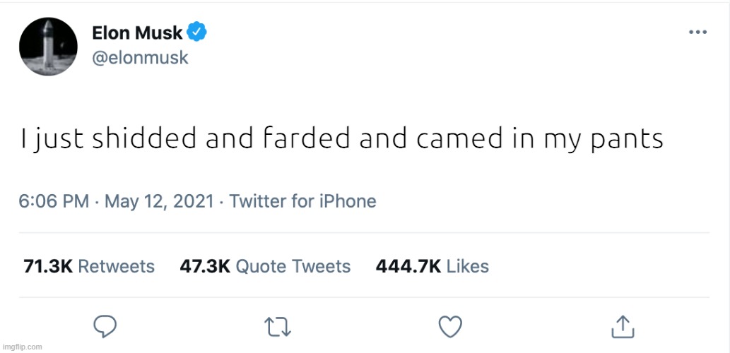 Elon Musk Blank Tweet | I just shidded and farded and camed in my pants | image tagged in elon musk blank tweet | made w/ Imgflip meme maker